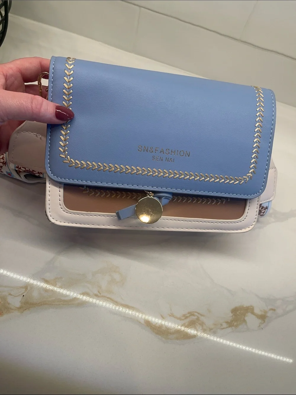 SHEIN Blue and Cream Crossbody Bag with Patterned Strap